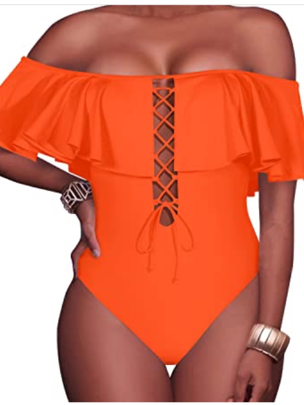 Tempt Me Coral Ruffle one piece Bathing Suit over the shoulder Size XL
